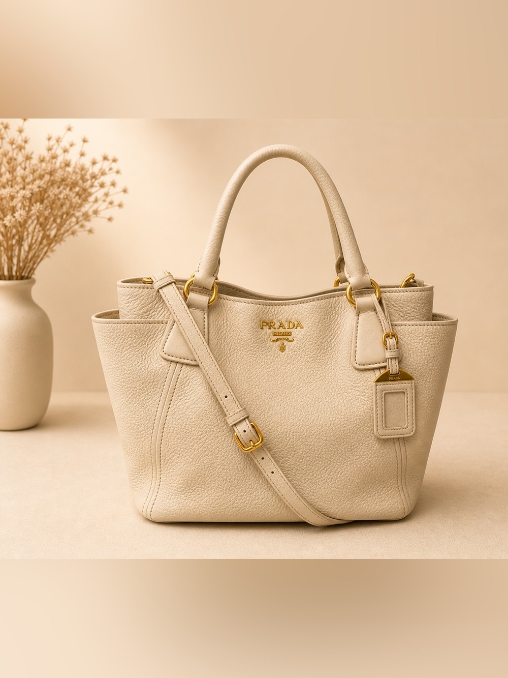 Authentic Prada Leather Tote Bag – Beige/Cream – Gold Hardware – Medium